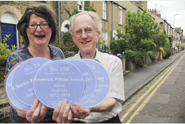 11/06/13 Blue plaques in Covent Garden - Petersfield, Cambridge 11/06/13 Ahead of their street party, residents of Covent Garden, in Camobridge, have all got 'blue plaques' in the window about previous notable residents of their houses. Eileen O'Brien, landlady of the Six Bells, is pictured with local historian Ian Bent. Picture by Keith Heppell