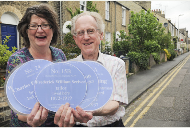 11/06/13 Blue plaques in Covent Garden - Petersfield, Cambridge 11/06/13 Ahead of their street party, residents of Covent Garden, in Camobridge, have all got 'blue plaques' in the window about previous notable residents of their houses.  Eileen O'Brien, landlady of the Six Bells, is pictured with local historian Ian Bent. Picture by Keith Heppell